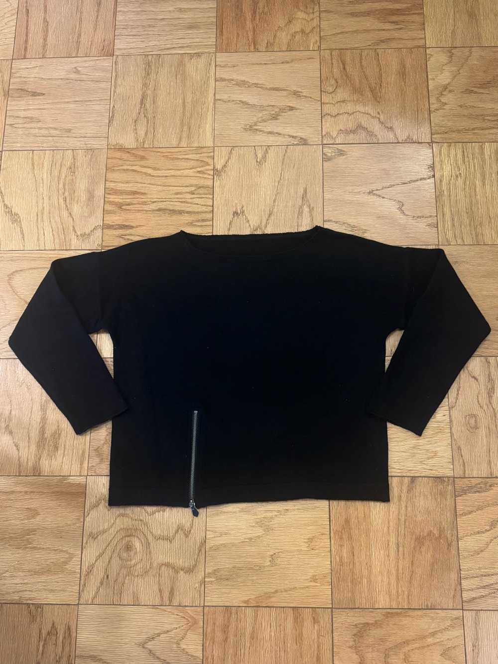 Wool/Cashmere Black Boatneck Boxy Sweater with Front Zipper